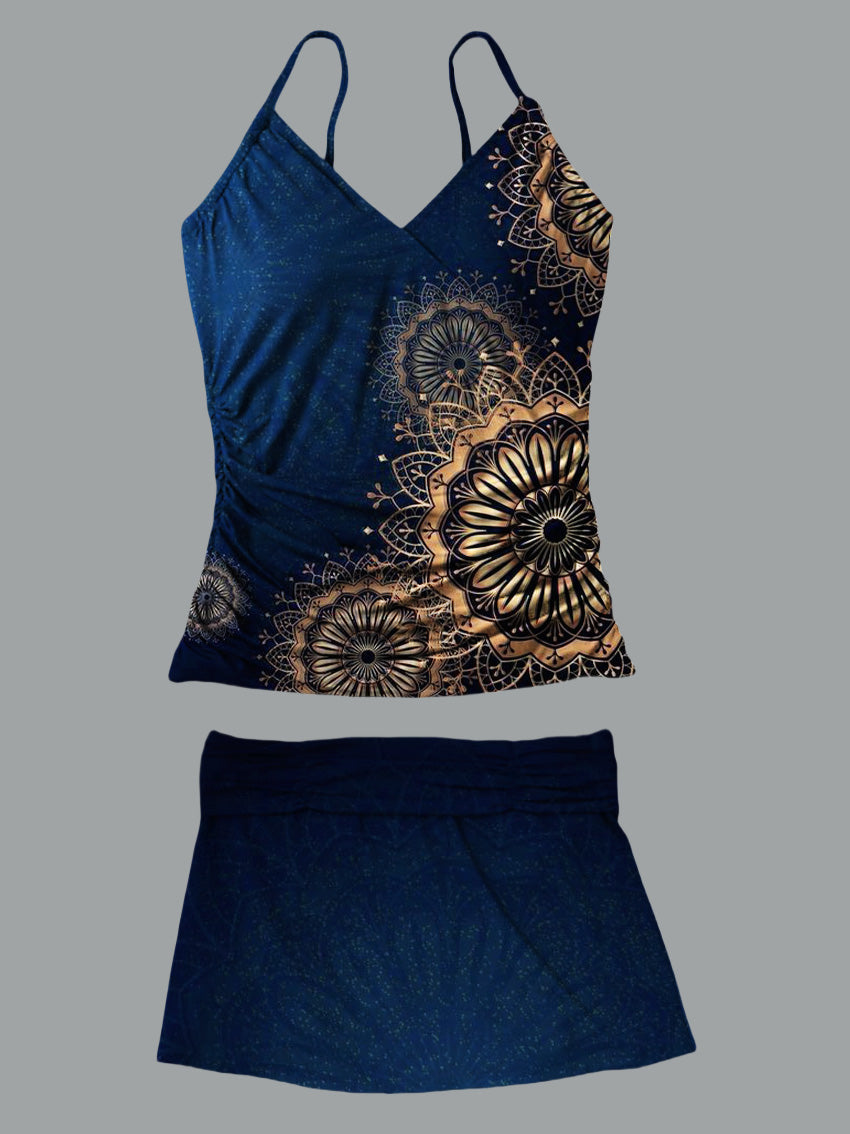 V-Neck Vintage Mandala Art Print Suspender Skirt Tankini Pantskirt Set Swimsuit