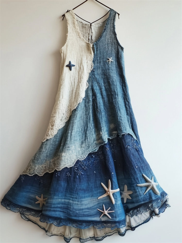 Starfish Embroidered Sea Waves Gradient Lace Flowy Linen Dress elevenforest