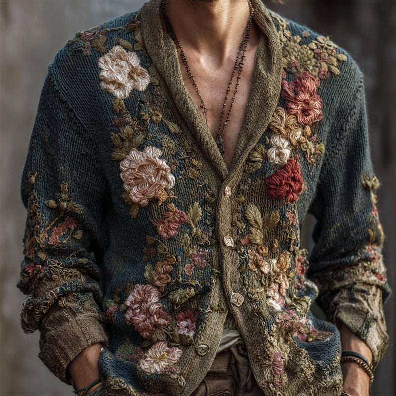 Men's Vintage Floral Embroidered Gradient Comfy Knit Cardigan elevenforest