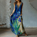 Women's Oil Painting Blooming Apricot Linen Sleeveless Maxi Dress elevenforest