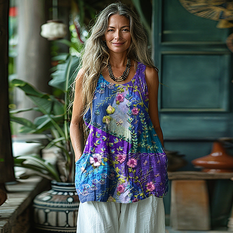 Vintage Floral Art Sleeveless Linen Blend Tank Top elevenforest