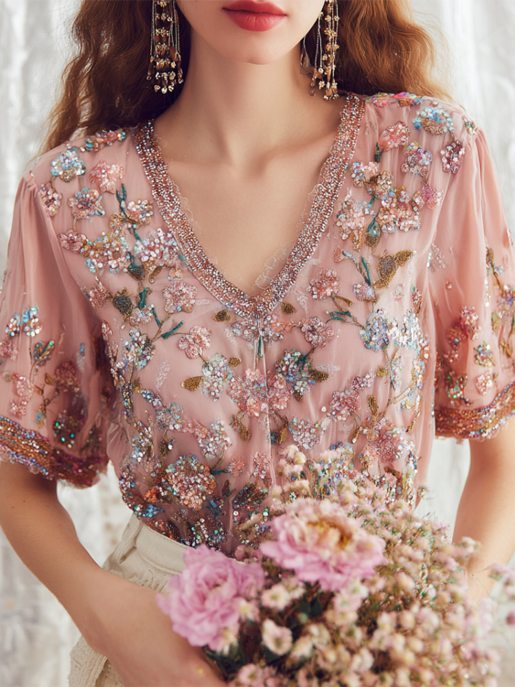 Bohemian Style Plant Flower Pattern Sequins Decorated Women's V-neck Top elevenforest