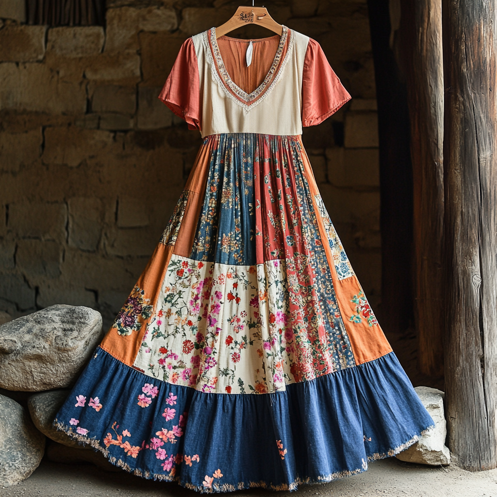 Women's Vintage Floral Patchwork Art V-neck Short Sleeve Dress elevenforest