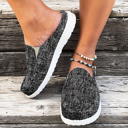 Flat Canvas Mules, Closed Toe Slip on Non Slip Round Toe Loafers, Outdoor Slippers Se1039