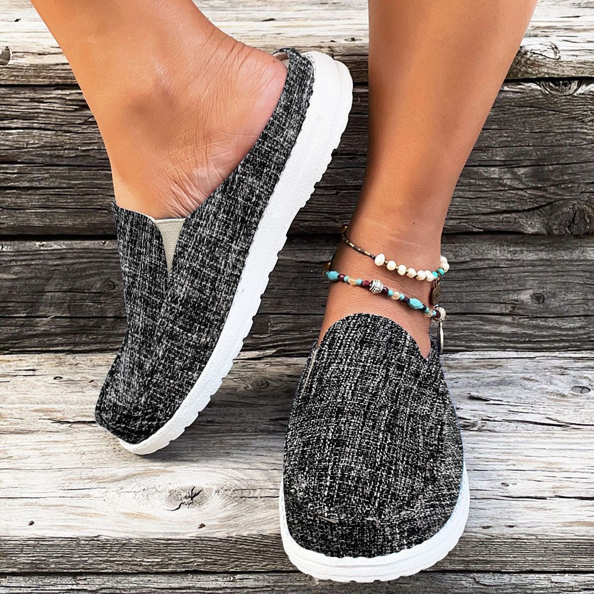 Flat Canvas Mules, Closed Toe Slip on Non Slip Round Toe Loafers, Outdoor Slippers Se1039