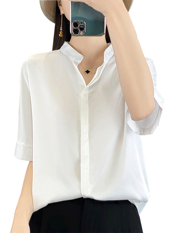 Loose Short Sleeves Buttoned Color Stand Collar Blouses&shirts Tops