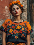 Day Of The Dead Marigolds Floral Embroidered Contrast Linen Shirt elevenforest