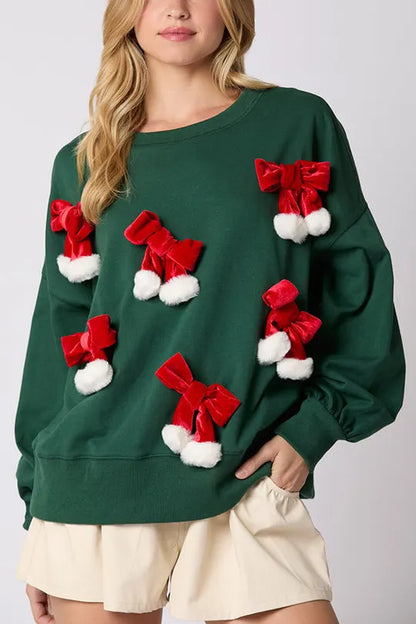 Christmas Bow Embellished Long-sleeved Sweatshirt
