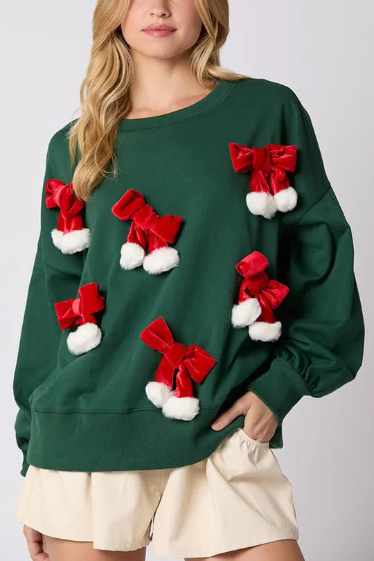 Christmas Bow Embellished Long-sleeved Sweatshirt