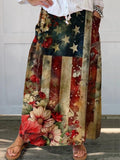 Women's Vintage Flag Floral Art Print Linen Pocket Skirt