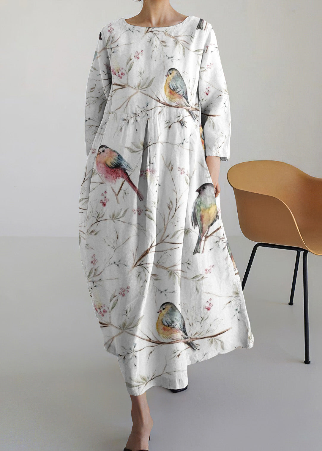 Vintage Bird In Tree Round Neck Long Sleeve Midi Dress elevenforest