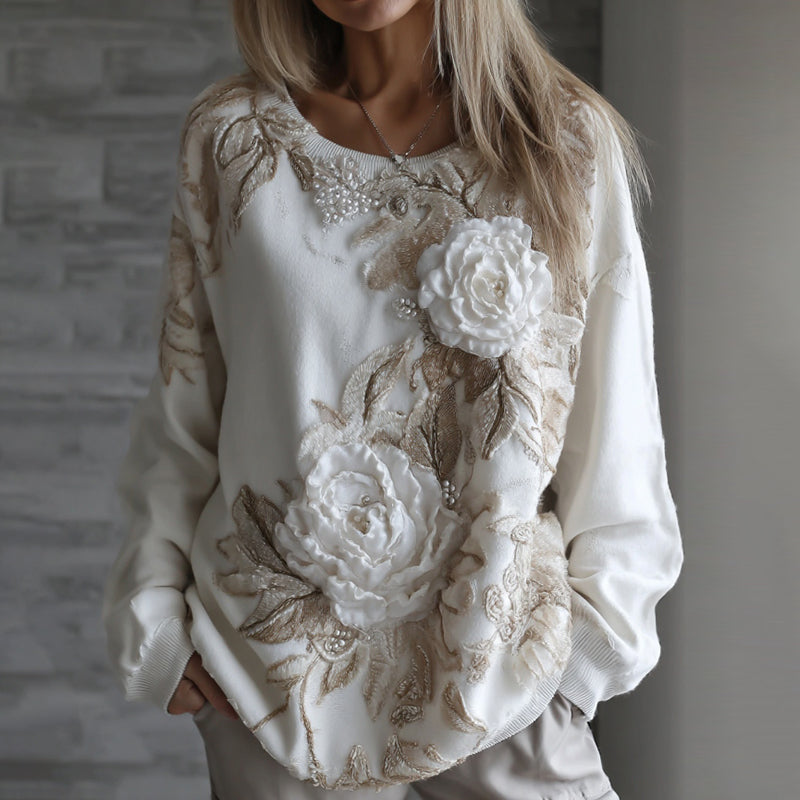 Women's Retro White Flower Embroidery Art Long Sleeve Sweatshirt elevenforest