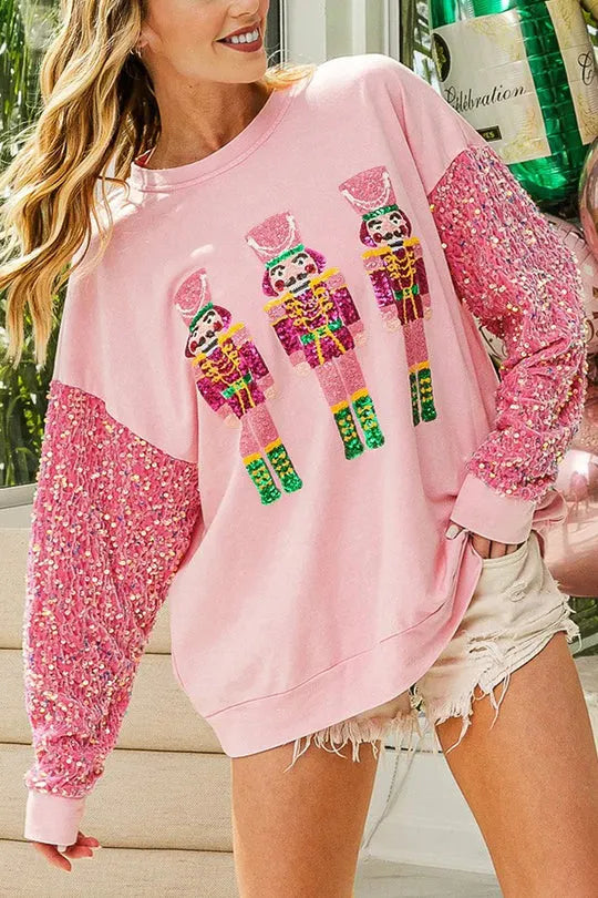 Christmas Loose Round Neck Sequined Sleeve Sweatshirt
