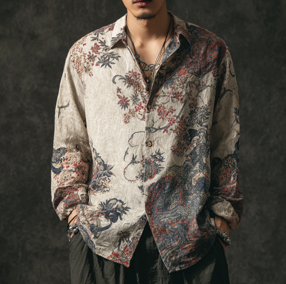Men's Bohemian Plant Flower Pattern Retro Cotton And Linen Shirt elevenforest