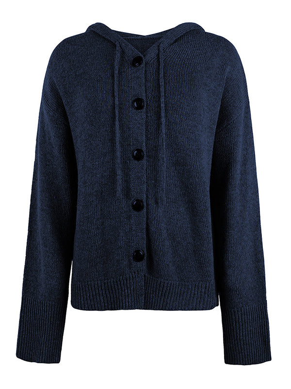 Wrap Buttoned Hooded Color Cardigan
