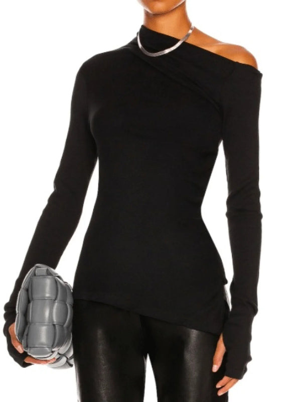 Stylish Color One-shoulder Long Sleeves T-shirt Top