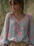 Bohemian Retro Countryside Plant Flower Pattern V-neck Top elevenforest