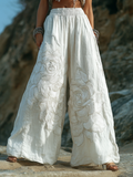 Bohemian Style Three-dimensional Rose Embroidery Pattern Women's Cotton And Linen Loose Wide-leg Long Pants elevenforest