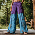 Vintage Bohemian Lavender Patchwork Art Printed Cotton Linen Wide Leg Pants elevenforest
