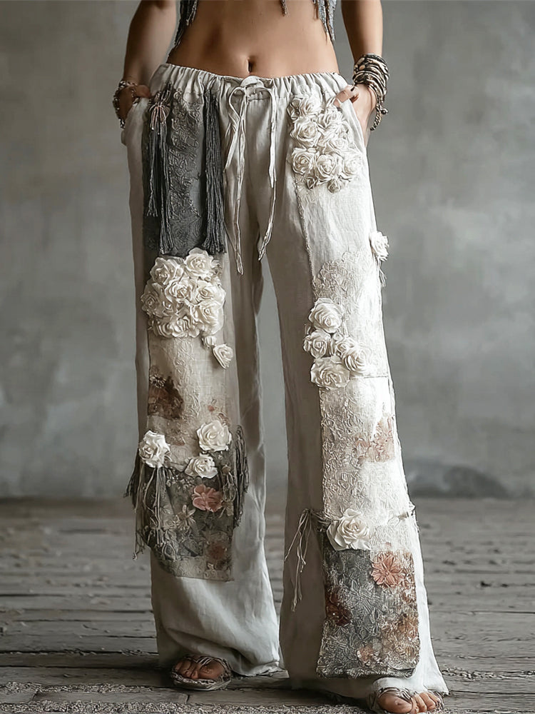 Boho Oil Painting Rose Embroidery Women's Linen Trousers elevenforest