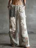 Boho Oil Painting Rose Embroidery Women's Linen Trousers elevenforest