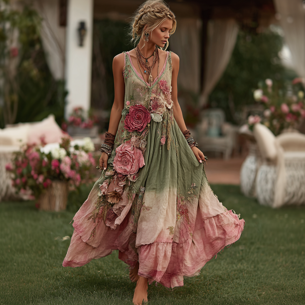 Vintage Floral Embroidered Art V Neck Sleeveless Maxi Dress elevenforest