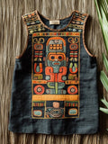 Ancient Mayan Totem Embroidered Hooded Linen Vest elevenforest