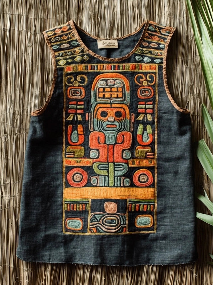 Ancient Mayan Totem Embroidered Hooded Linen Vest elevenforest