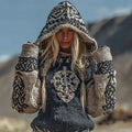 Vegvisir Viking Celtic Runes Knit Jacquard Colorblock Design Cozy Hooded Sweater elevenforest