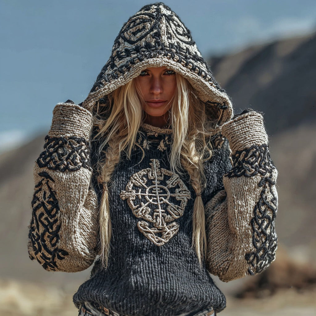 Vegvisir Viking Celtic Runes Knit Jacquard Colorblock Design Cozy Hooded Sweater elevenforest