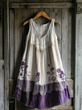 Women's Floral Patchwork Pattern Art Print V-Neck Pocket Cotton Dress
