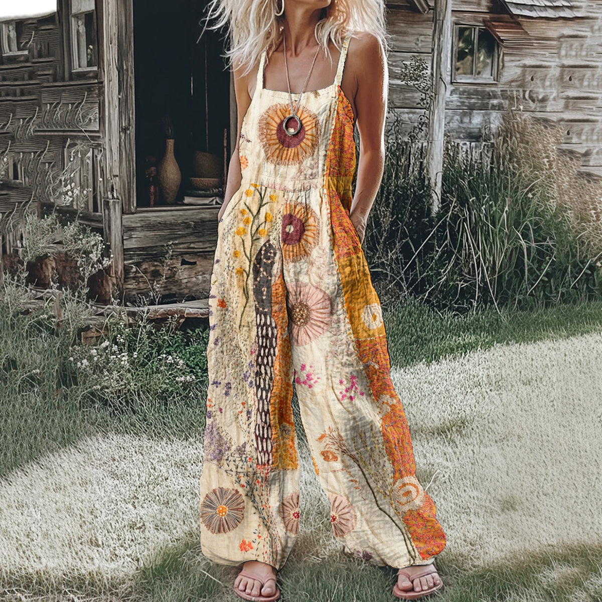 Women's Bohemian Floral Patchwork Linen Print Linen Jumpsuit elevenforest