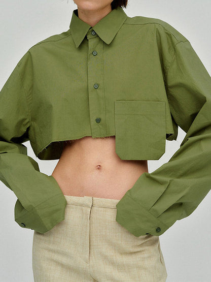Long Sleeves Loose Asymmetric Buttoned Pockets Color Split-joint Lapel Blouses&shirts Tops