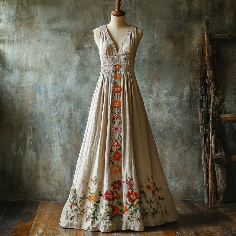 Boho Floral Embroidered V Neck Linen Maxi Dress elevenforest