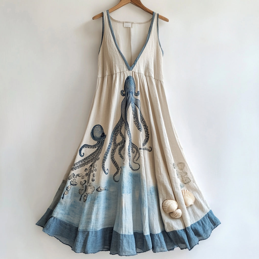Vintage Octopus And Shell Gradient Cotton And Linen Dress elevenforest
