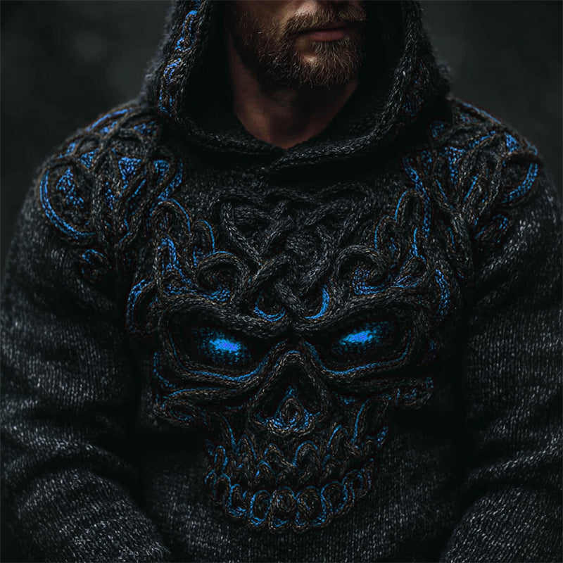 Men's Halloween Skull Celtic Knot Chunky Cozy Knit Hooded Sweater elevenforest
