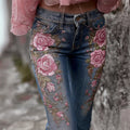 Vintage Pink Roses Glitter Embroidered Washed Skinny Jeans elevenforest