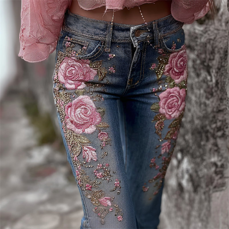 Vintage Pink Roses Glitter Embroidered Washed Skinny Jeans elevenforest
