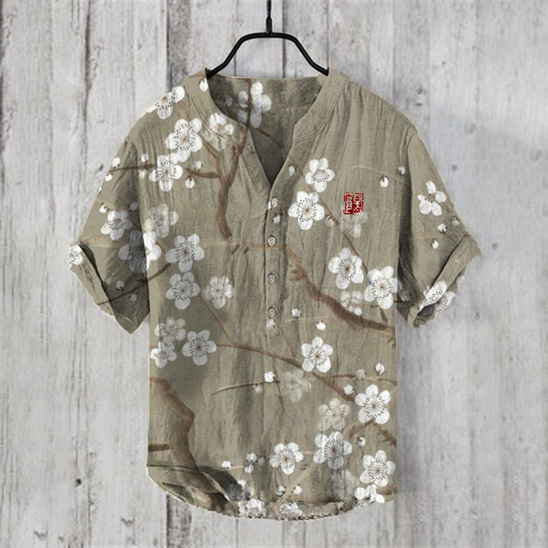 Japanese Plum Blossom Art Casual Linen Blend Shirt elevenforest