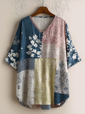 Japanese Art Retro Geometric Patchwork Plant Flower Print Women's V-neck Cotton And Linen Top elevenforest