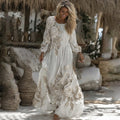 Women's Vintage White Rose Embroidery Art Comfy Linen Maxi Dress