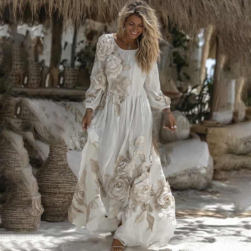Women's Vintage White Rose Embroidery Art Comfy Linen Maxi Dress