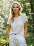 Women's Casual Solid Color Lace Hollow Design T-shirt elevenforest