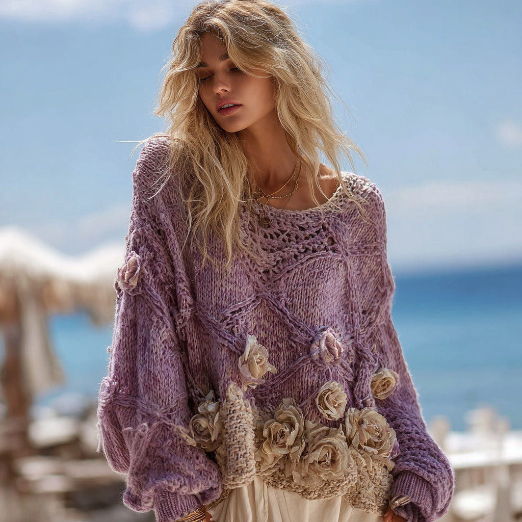 Women's Boho Rose Chunky Knit Crew Neck Colorblock Design Aran Sweater