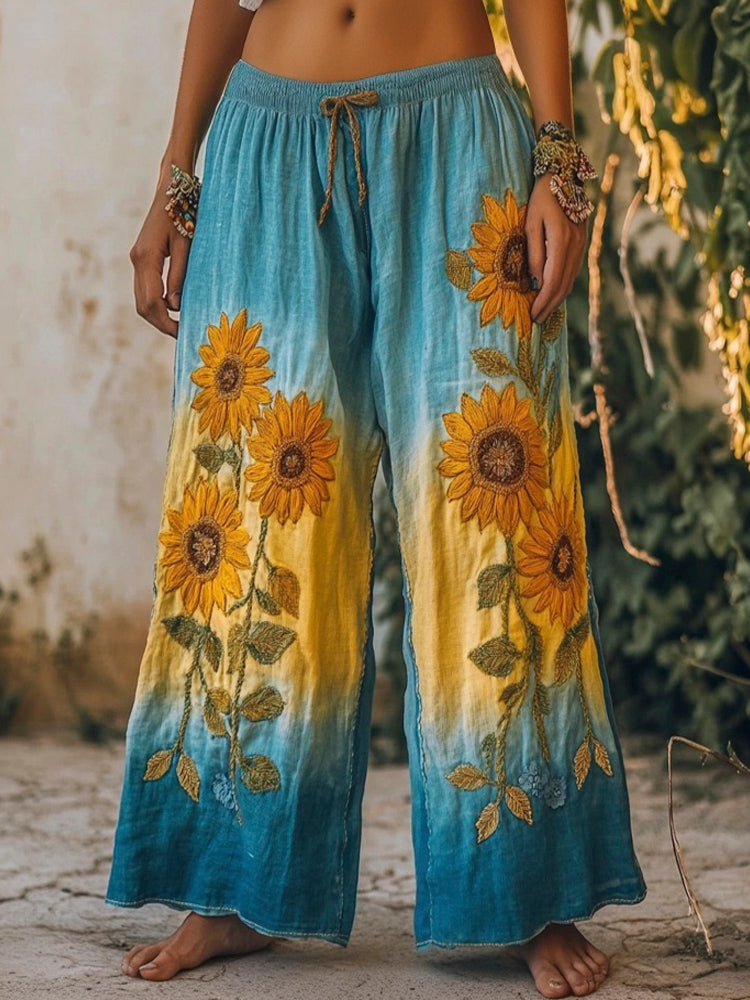 Boho Ethnic Sunflower Embroidered Gradient Linen Straight Leg Pant elevenforest