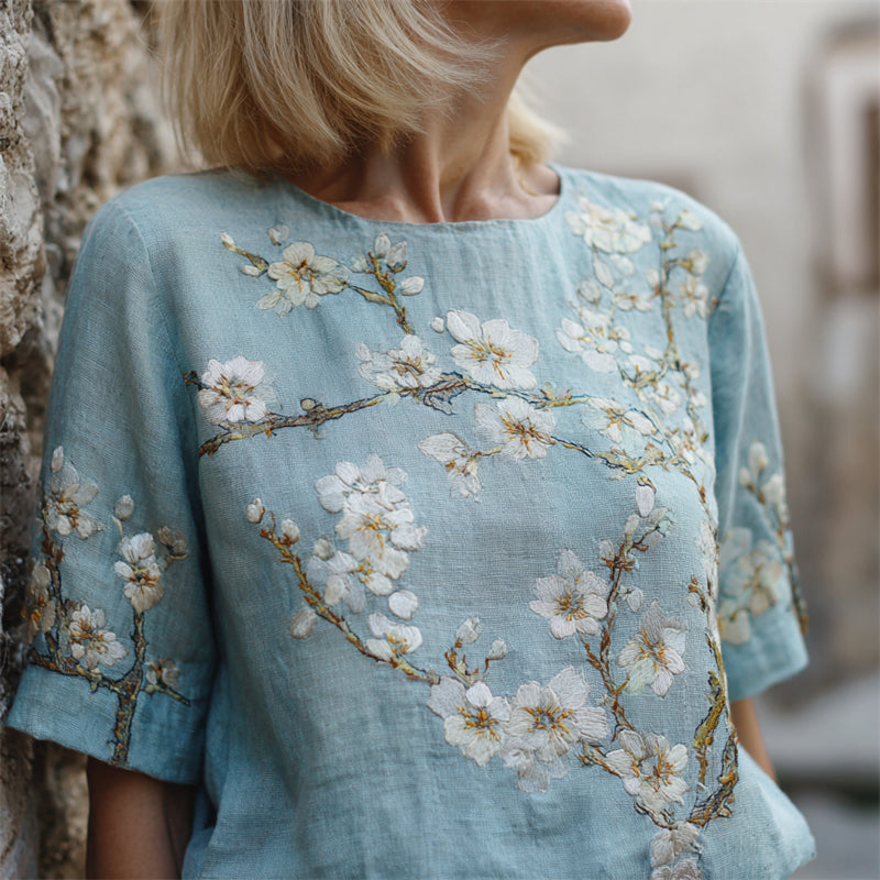 Oil Painting Inspired Almond Blossom Embroidered Linen Tunic elevenforest