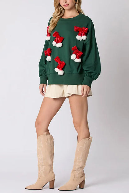 Christmas Bow Embellished Long-sleeved Sweatshirt