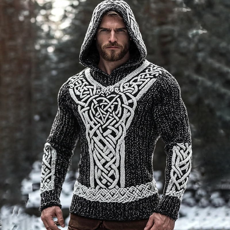 Men's Viking Pattern Jacquard Cozy Hooded Sweater elevenforest