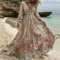 Women's Pink Rose Embroidered Casual And Elegant V-neck Dress elevenforest