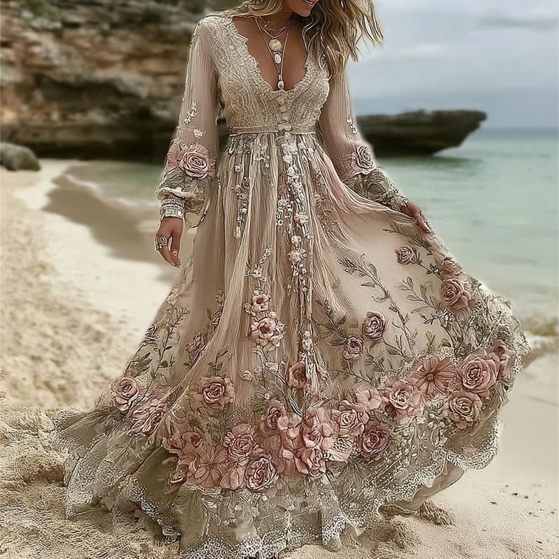 Women's Pink Rose Embroidered Casual And Elegant V-neck Dress elevenforest